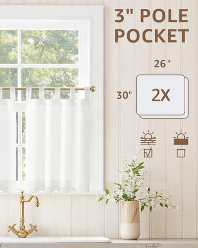 jinchan Linen Tier Curtains, Tab Top, 26x30, 2 Panels, Beige White - Image 3