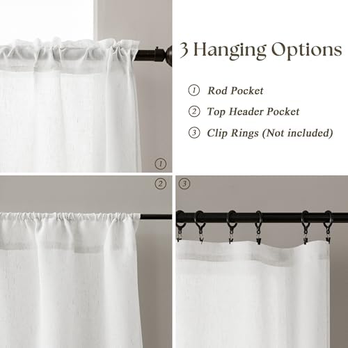 Off White Semi Sheer Linen Kitchen Curtains 24 Inch Length 2 Panels - Image 4