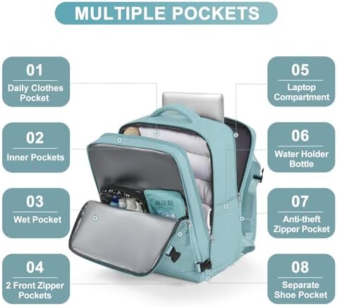Large Travel Backpack Carry on Flight Approved Mochila De Viaje Carry on Backpack for Airplanes Spirit Airlines Personal Item Bag 18x14x8 Inches Travel Bag Traveling Backpack for Women Men Light Blue - Image 4