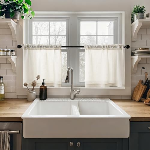 Beige Semi Sheer Linen Kitchen Curtains 24 Inch Length 2 Panels - Image 7