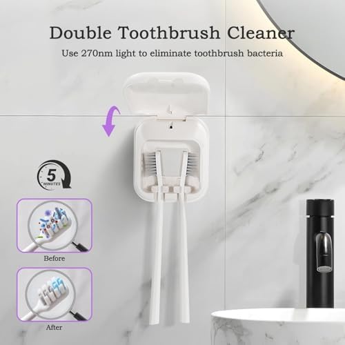 UV Toothbrush Sanitizer Holder, USB Rechargeable Bathroom Holder with Hidden Fan and Heat Drying, Wall Mount Travel Case for 2 Brushes, White - Image 2