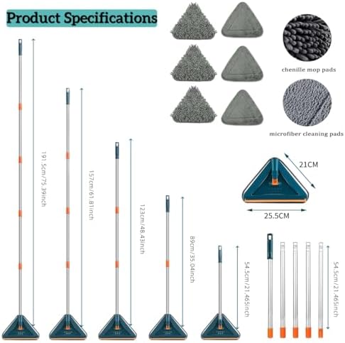 Wall Cleaner Mop with Long Handle 360° Wall Mop Triangle Mops for Floor Cleaning Baseboard Cleaner Tool with 5 Microfiber Duster Pads Dust Washer Cleaning Tools for Walls Windows Ceiling Fan - Image 4