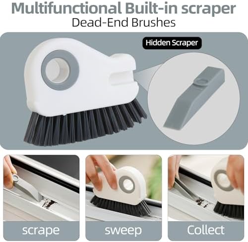 2 in 1 Groove Cleaning Brush, Grout Cleaner Tool & Multifunction Window Track Cleaner (with Hidden Scraper or Mini Dustpan) – for Glass Door Tracks, Window Sills, Sliding Doors (Gray) - Image 3
