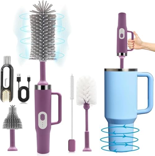 5 in 1 Electric Bottle Brush Cleaner Compatible Stanley Bottle Brush Straw Cleaner Multifunction Rechargeable IPX6 Waterproof Extra Long Design for Stanley Cup, Sports Bottle and More (Purple-1) by Keoshiga