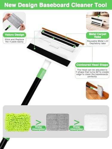 4-in-1 Baseboard Cleaning Tool with Handle 5 Reusable Pads 1 Stiff Bristle Brush Carpet Rake for Pet Hair Removal Baseboard Cleaner Carpet Windows Wall Floor Bathroom Kitchen - Image 2
