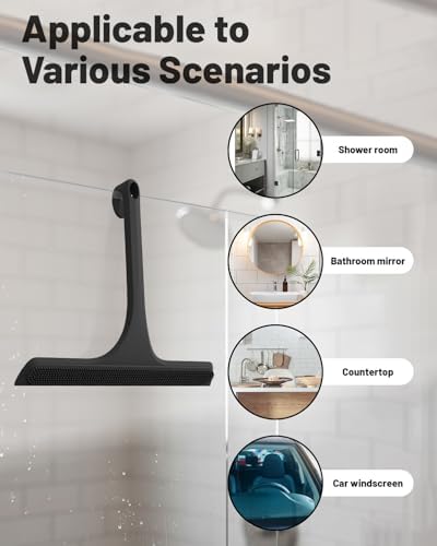 2-in-1 Silicone Shower Squeegee with Hook,Dual-Sided Design with Scraper & Scrub Surface,Rust-Proof Stainless Core,Streak-Free Bathroom Squeegee for Glass Doors,Mirrors,Windows,Car Windshields (Black) - Image 2