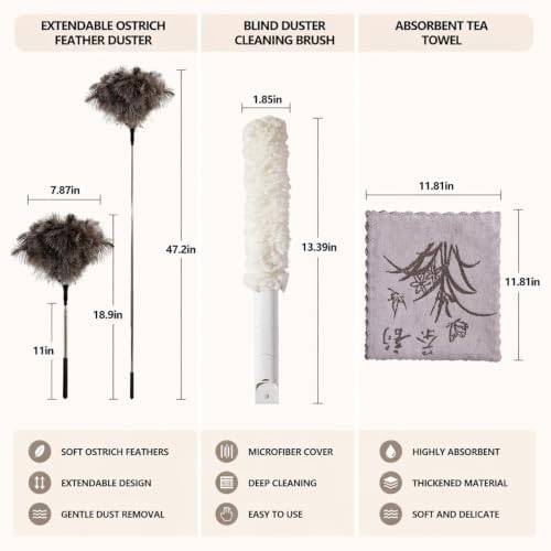 Extendable Ostrich Feather Duster Set with Blind Brush & Cleaning Cloth - Image 2