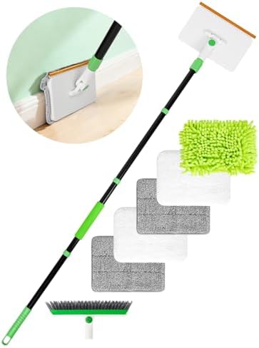 4-in-1 Baseboard Cleaning Tool with Handle 5 Reusable Pads 1 Stiff Bristle Brush Carpet Rake for Pet Hair Removal Baseboard Cleaner Carpet Windows Wall Floor Bathroom Kitchen by Nicecastle