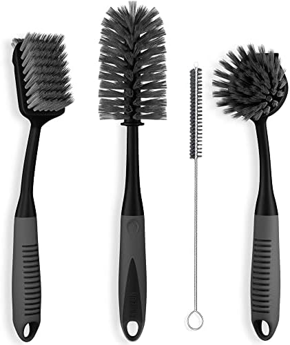 Dish Brush Set of 4 - Kitchen Scrub Brushes with Non-Slip Long Handle for Cleaning, Scrubber, Dishwashing, Dishes, Bottles, Straws, Cups, Pots & Sink, Black by TrazonProducts