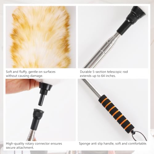 Lambswool Extendable Cleaning Duster 26-64 Inch Two-Pack, Anti-Static Wall Duster Cleaner with Sponge Grip and Stainless Steel Extension Pole for High Ceiling Fan, Interior, and Roof Dusting - Image 3