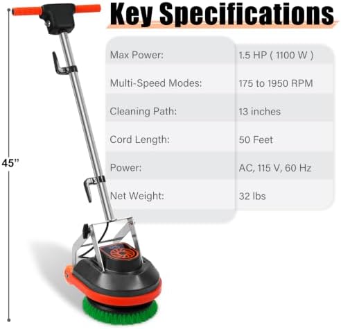 HHQ Commercial Floor Scrubber Machine, 13" Heavy Duty Orbital Floor Cleaner Buffer and Polisher- Deep Cleaning Hard Floors and Carpets with Ease, 3 Brushes & 3 Cleaning Pads, Orb-6 - Image 2