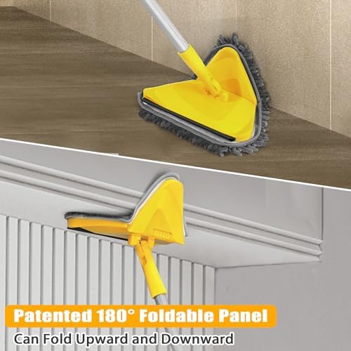JEHONN Wall Mop with Long Handle 80 Inches, Upgraded 180° Collapsible Baseboard Cleaner Tool with Squeegee, Ceiling Duster with 3 Microfiber and 3 Chenille Pads for Cleaning Window, Cabinet (Yellow) - Image 2