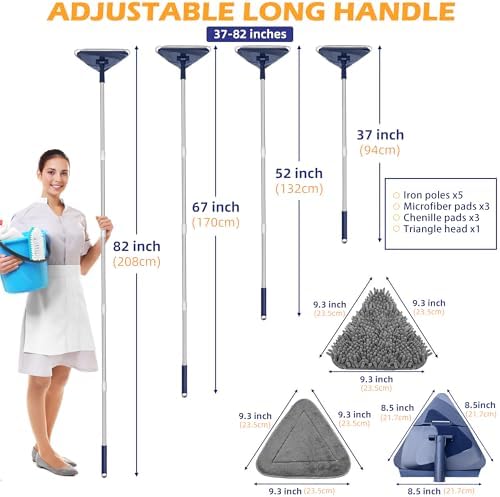 Wall Cleaner Mop with 82" Extendable Handle, 360° Rotating Head & 90° Flip, Microfiber/Chenille Pads, Built-in Squeegee for Ceiling, Wall, Baseboard and Window Cleaning - Image 2