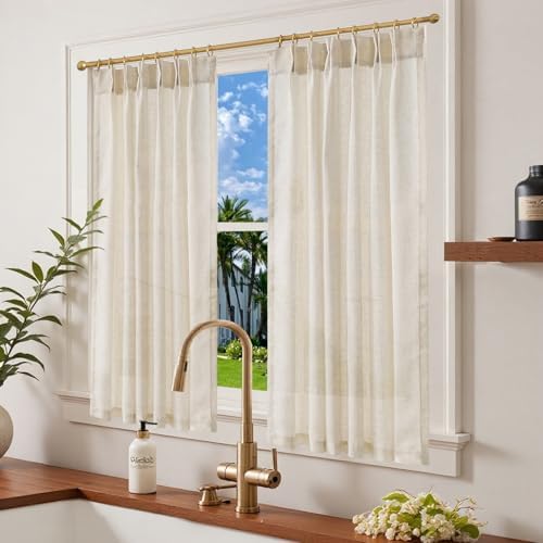 jinchan Linen Pinch Pleated Back Tab Tier Curtains, 38x54, Natural - Image 2