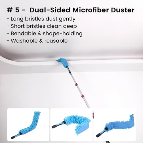 Ceiling Fan Duster Kit with 12 FT Telescoping Pole – 6-Piece Set – Screw-On Cobweb Duster & Squeegee Heads – Washable Bendable – 3/4" Universal Fit – House Cleaning Kit, Blue - Image 7