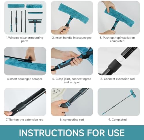 62" Window Squeegee, 2 in 1 Window Cleaning Tool with Telescopic Pole, Rotatable and Bendable Head for High Windows Indoor Outdoor, Includes 2 Blades & 2 Pads (Microfiber+Pads) - Image 3