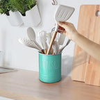 Bivvclaz Teal Kitchen Utensil Holder, 6.7" Utensil Holder for Kitchen Counter, Cooking Utensil Crock with Cork Bottom, Turquoise Decor and Accessories, Countertop Utensil Storage Caddy Organizer - Image 7