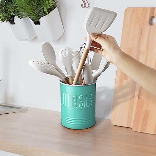 Bivvclaz Teal Kitchen Utensil Holder, 6.7" Utensil Holder for Kitchen Counter, Cooking Utensil Crock with Cork Bottom, Turquoise Decor and Accessories, Countertop Utensil Storage Caddy Organizer - Image 7