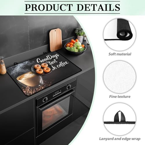Coffee Cup with Beans Print Stove Top Cover for Electric Stoves, Vintage Coffee Themed Glass Cooktop Cover 28x20 Inch Brew Hot Cafe Pattern Dish Drying Mat for Kitchen Countertop Coffee Bar - Image 6