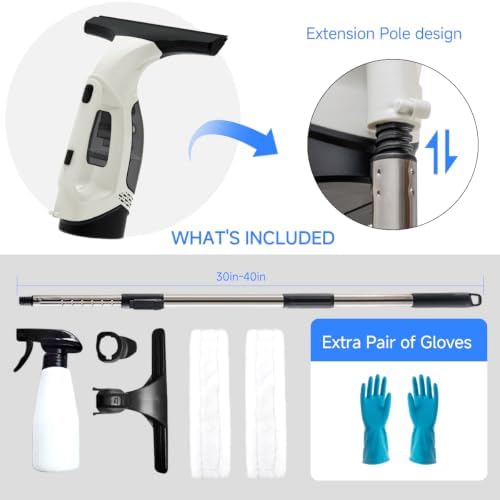 Cordless Window Vacuum Cleaner, Electric Squeegee with 2000Pa Suction, 30-40 in. Adjustable Extension Pole, 11 in. Blade for High Windows, Shower Doors, Mirrors, Tiles & Car Glass - Image 4