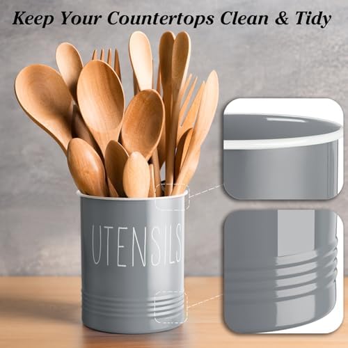 Bivvclaz Gray Kitchen Utensil Holder, 6.7" Utensil Holder for Counter, Cooking Utensil Crock with Cork Bottom, Modern Farmhouse Kitchen Decor, Countertop Utensil Storage Organizer Caddy - Image 4