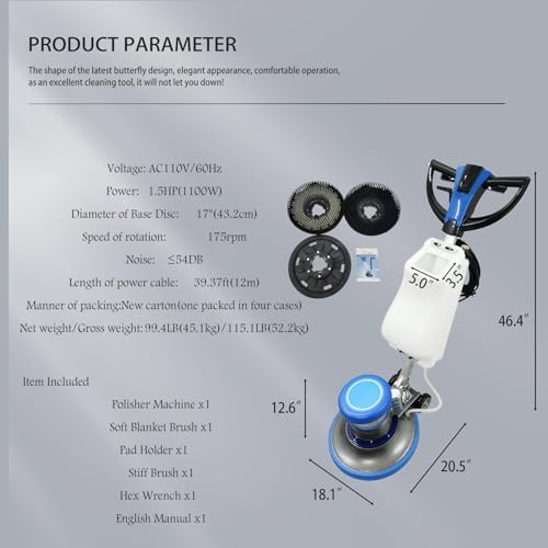 110V Floor Polisher Commercial Floor Scrubber Machine 17" Cleaning Path Carpet Buffer Scrubber with 3.1gal Water Tank 175Rpm 1100W, for Marble/Cement/Epoxy/Rubber Floors/Wood - Image 3