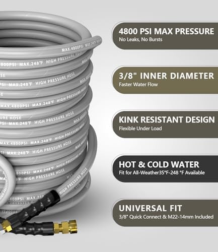 3/8" ID 4800PSI Pressure Washer Hose 75FT, Steel Wire Braided Pressure Hose - Image 2