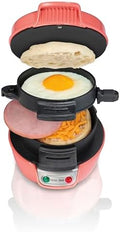 Hamilton Beach Breakfast Sandwich Maker with Egg Cooker Ring, Customize Ingredients, Perfect for English Muffins, Croissants, Mini Waffles, Perfect White Elephant Gifts, Coral (25483) by HamiltonBeach