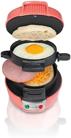 Hamilton Beach Breakfast Sandwich Maker with Egg Cooker Ring, Customize Ingredients, Perfect for English Muffins, Croissants, Mini Waffles, Perfect White Elephant Gifts, Coral (25483) by HamiltonBeach