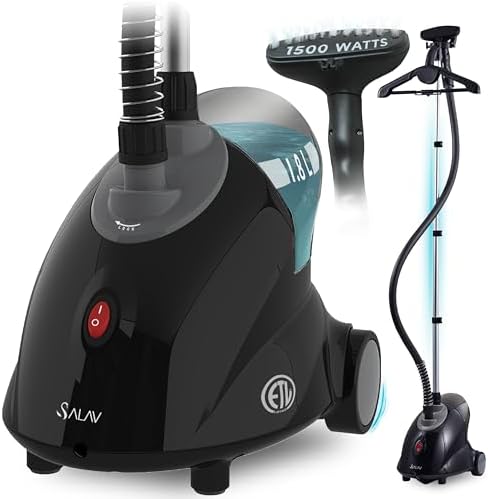 SALAV GS18-DJ Standing Garment Steamer with Roll Wheels for Easy Movement, 1.8L Water Tank for 1 Hour Continuous Steaming, Adjustable Pole for Storage, Includes Descaler Packet, 1500 watts by SALAV