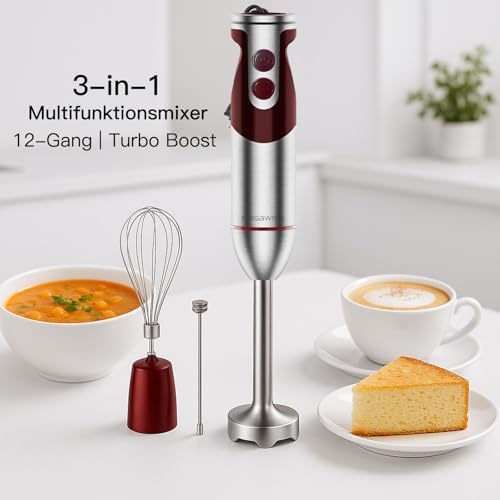 MegaWise Pro Titanium Reinforced 3-in-1 Immersion Corded Hand Blender, Powerful MOTOR with 80% Sharper Blades, 12-Speed Corded Blender, IncludingWhisk and Milk Frother (3-in 1 Red) - Image 5