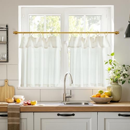 jinchan Linen Tier Kitchen Curtains, 30x24, 2 Panels, Beige White by JINCHAN