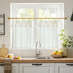 jinchan Linen Tier Kitchen Curtains, 30x24, 2 Panels, Beige White by JINCHAN