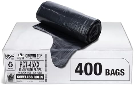 Aluf Plastics RCT-45XX Star Sealed Coreless Rolls with E-Z Tie Flap Closure, 45 gal, Polyethylene, 40" x 46", Black (Pack of 400) by AlufPlastics