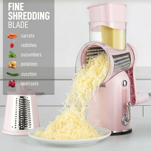 Rotary Cheese Grater Manual Hand Crank 5 Blade Shredder, Classic Pink - Image 6
