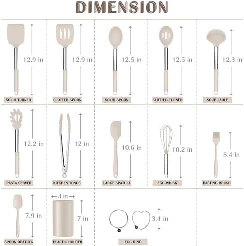 E-far Kitchen Utensils Set, 14-Piece Khaki Silicone Cooking Utensils Set - Image 2