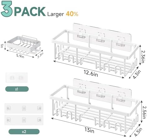 Veken Shower Caddy 3-Pack, Advanced Rustproof Design, No Drilling Adhesive Shelves, Rack with Soap Holder, Large Capacity Bathroom Organizers and Storage, Wall-Mounted Kitchen & Home Decor, White - Image 5