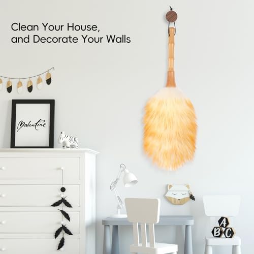 Feather Duster, Lambswool Duster for Cleaning,with Solid Wooden Handle,Leather Hang Strap,Anti-Static 14.9 inch Washable Reusable Small Hand Duster(Natural) for Office, Home and Car - Image 6