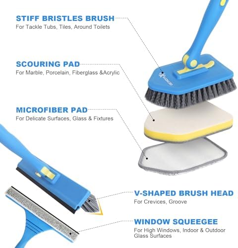 Tile Tub Scrubber Brush with 5 Different Function Cleaning Heads and 51" Extendable Long Handle Non Scratch Shower Scrubber for Cleaning Bathroom Kitchen Toilet Wall Bathtub - Image 3