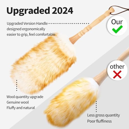 Lambswool Duster with Solid Wooden Handle,Leather Hang Strap,Comfortable Grips 19.6 inch Long Natural Feathers Dusters for Cleaning Wall Plant Desk Blind Cleaner Duster Tool - Image 3