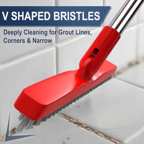 2 Pack Grout Brush with Long Handle, Swivel Cleaning Grout Line Scrubber - Extendable Durable Handle Grout Cleaner Brush for Bathroom,Tile,Baseboard,Walk in Shower,Corner & Narrow Space (Red) - Image 3