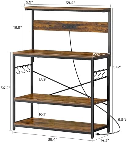 SUPERJARE Bakers Rack with Power Outlets, Microwave Stand, 39.4 X 14.3 Inch Larger Desktop, Kitchen Storage Rack with Adjustable Middle Shelf, 6 S-Shaped Hooks, Coffee Bar Stand, Rustic Brown - Image 7