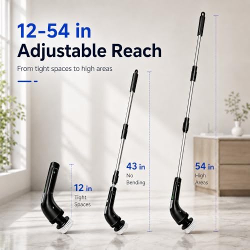 Highyes Electric Spin Scrubber for Bathroom, IPX7 Waterproof Shower Scrubber with Extendable Long Handle, Bathroom Cleaning Scrubber with 7 Reusable Brush Heads (Black) - Image 4