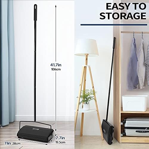 JEHONN Carpet Floor Sweeper Manual with Horsehair, Non Electric Quite Rug Roller Brush Push for Cleaning Pet Hair, Loose Debris, Lint (Black) - Image 5