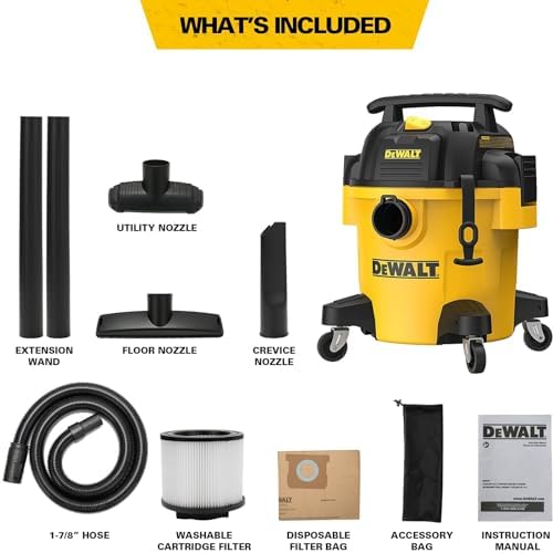 DEWALT DXV05P 5 Gallon Poly Wet/Dry Vac, 4 Peak HP Shop Vacuums with Attachments, Powerful Suction, 1-7/8" Hose, DXV05P, Yellow - Image 6