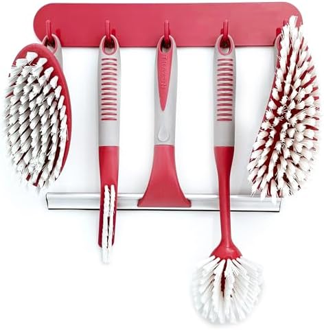 Scrub Brush Set of 6 pcs - Red or Blue Randomly Color, Cleaning Shower Scrubbers with Squeegee for Shower Glass & Adhesive Wall Hooks Including Grout Cleaner Brush for Cleaning Bathroom, Tile by TrazonProducts