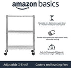 Amazon Basics 3-Shelf Heavy Duty Adjustable Wire Shelving Storage Rack on 2" PP Plastic Wheel Casters, Steel Utility Shelving Unit for Garage and Laundry Room, 23.2" x 13.4" x 32.75", Chrome - Image 3