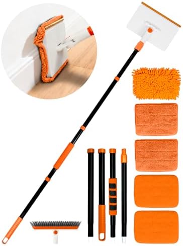4-in-1 Baseboard Cleaning Tool with Extendable Handle 5 Reusable Pads 1 Carpet Rake Stiff Bristle Brush Multi-Surface Baseboard Brush for Cleaning Baseboard Wall Carpet Floor Bathroom Kitchen Pet Hair by Unknown