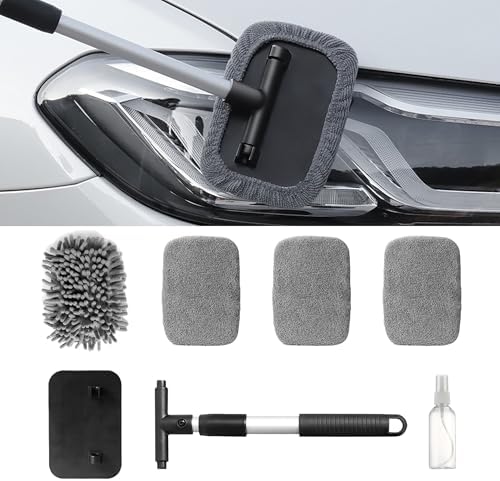 Car Windshield Cleaner Tool Kit with Extendable Handle, Vehicle Window Cleaner with 4 Microfiber Pads and 1 Empty Spray Bottle, Auto Windscreen Cleaning Tool, Universal Fit (Rectangular) by Unknown