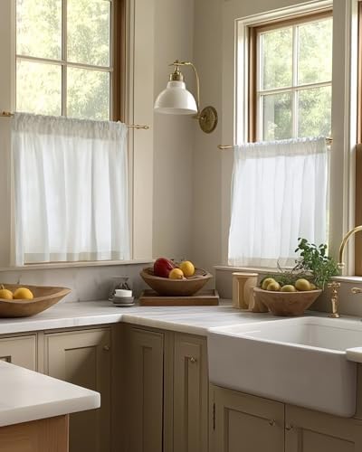 jinchan Linen Tier Curtains with Lined, 26x36, 2 Panels, Beige White - Image 3